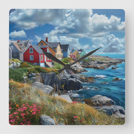 Seashore Cottage Wall Clock Vierkante Klok (Voorkant)