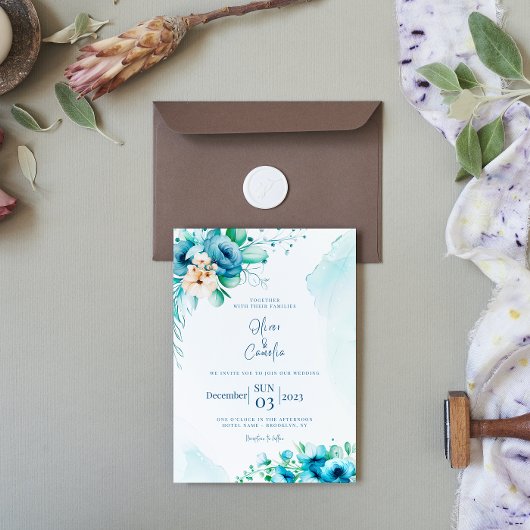 SeaShore Floral and waterverf Wedding Invitation Kaart
