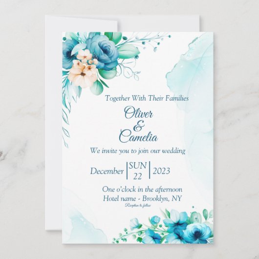 SeaShore Floral and waterverf Wedding Invitation Kaart (Voorkant)