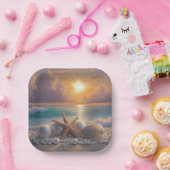 Seashore Ocean Sunset Seashells Pearls Papieren Bordje (Feest)