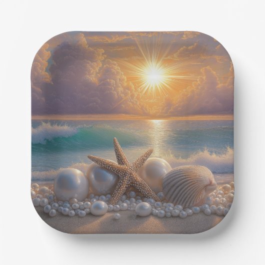 Seashore Ocean Sunset Seashells Pearls Papieren Bordje (Voorkant)