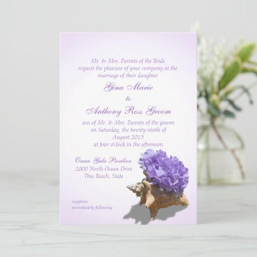 Seashore Paarse Hydrangea Wedding Kaart (Staand voorkant)
