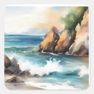Seashore Waterverf Schilderen Achtergrond Art Desi Vierkante Sticker