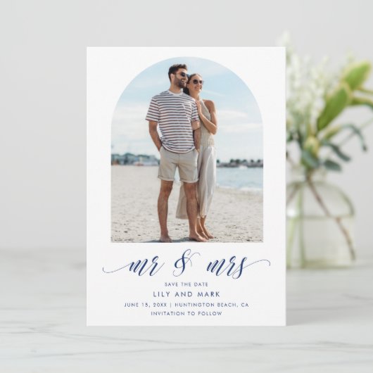 Seaside Arch Photo Beach Wedding Save The Date (Staand voorkant)