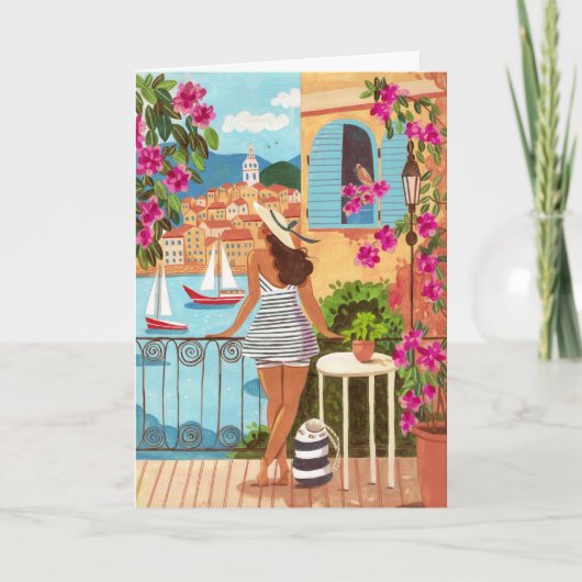 Seaside Balcony Woman Illustration Art Greeting Kaart (Voorkant)