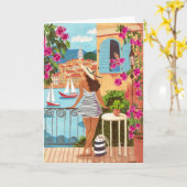 Seaside Balcony Woman Illustration Art Greeting Kaart (Gele Bloem)