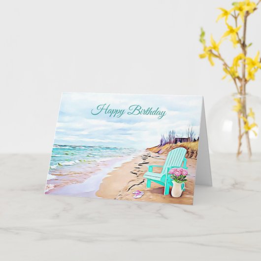 Seaside Beach Scene Blauwgroen Stoel Bloemen Verja Kaart (Gele Bloem)