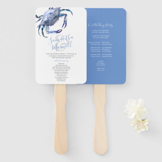 Seaside Blue Crab Wedding Programme Fan Handwaaier (Voorkant en achterkant)