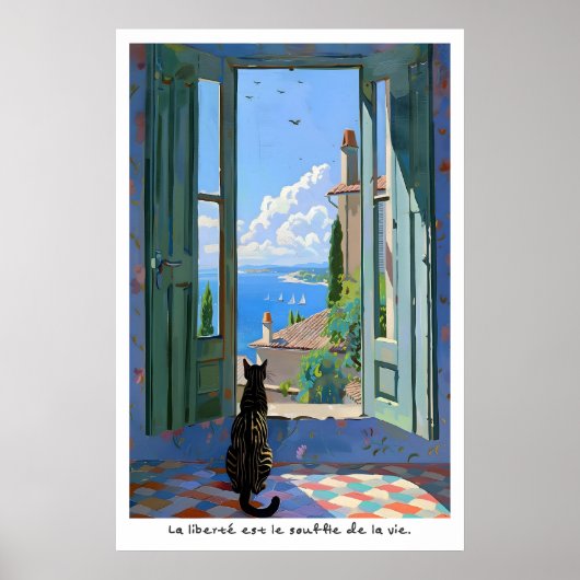 Seaside Cat Art Print French Typography Poster (Voorkant)