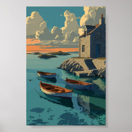 Seaside Cottage met boten - Coastal Sunset Art Poster