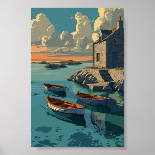 Seaside Cottage met boten - Coastal Sunset Art Poster (Voorkant)