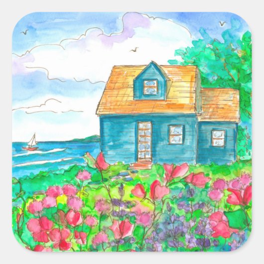 Seaside Cottage Sailing Waterverf Vierkante Sticker (Voorkant)
