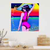 Seaside Dreams. Meisje met Chinees pet. bewerkbaar Poster (Keuken)