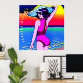 Seaside Dreams. Meisje met Chinees pet. bewerkbaar Poster (Thuiskantoor)