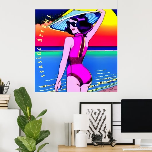 Seaside Dreams. Meisje met Chinees pet. bewerkbaar Poster (Thuiskantoor)