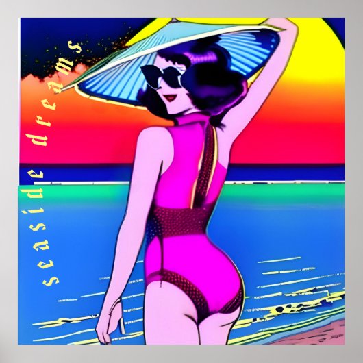 Seaside Dreams. Meisje met Chinees pet. bewerkbaar Poster (Voorkant)