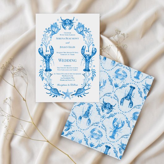 Seaside Elegance Blue Watercolor Coastal Wedding  Kaart