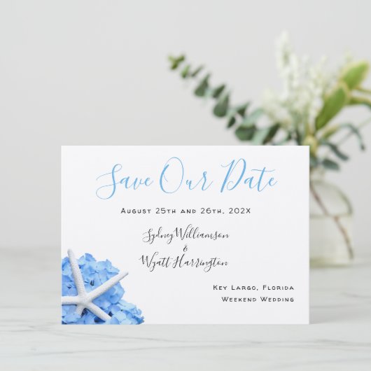 Seaside Garden Blue Floral Save the Date Cards Kaart (Staand voorkant)
