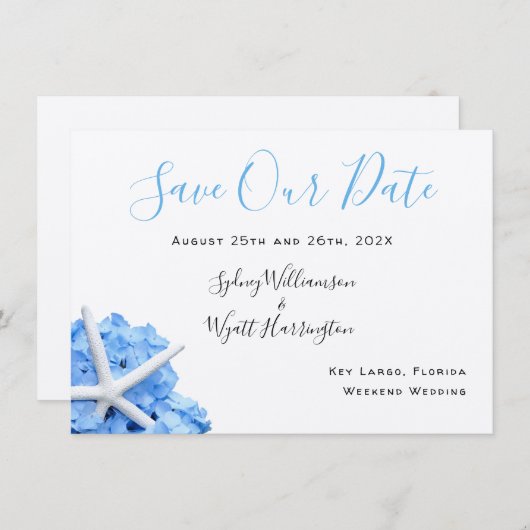 Seaside Garden Blue Floral Save the Date Cards Kaart (Voorkant / Achterkant)