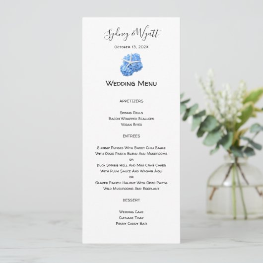 Seaside Garden Blue Tall Wedding Menu Sjabloon Kaart (Staand voorkant)
