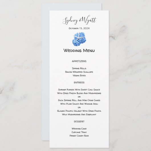 Seaside Garden Blue Tall Wedding Menu Sjabloon Kaart (Voorkant / Achterkant)