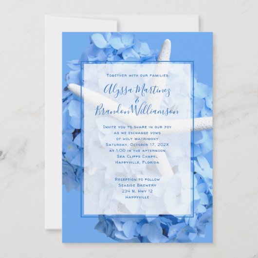 Seaside Garden Couple Nodigt Blauwe Huwelijk uit Kaart (Voorkant)