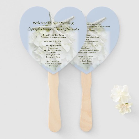 Seaside Garden Heart-Shaped Wedding Fan Programme Handwaaier (Voorkant en achterkant)