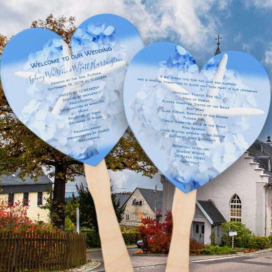 Seaside Garden Heart-Shaped Wedding Fan Programme Handwaaier