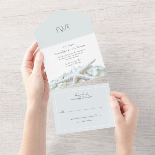 Seaside Garden Monogram Weddenschap Traditioneel All In One Uitnodiging (Afscheurbaar)