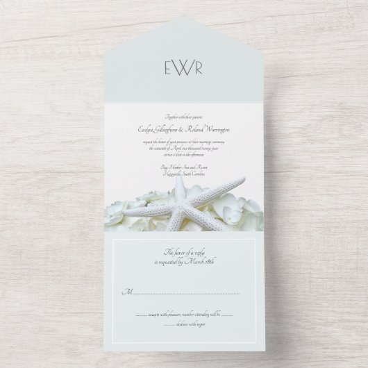 Seaside Garden Monogram Weddenschap Traditioneel All In One Uitnodiging (Binnen)