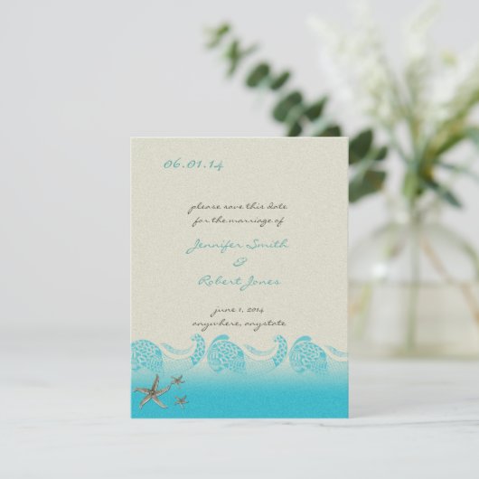 Seaside in Zand en Aqua Save the Date (Staand voorkant)