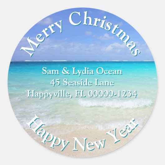 Seaside Kerstmis Tropische Adresetiketten Ronde Sticker (Voorkant)