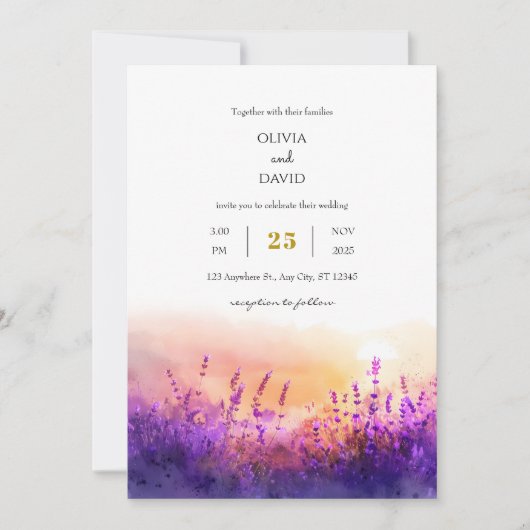 Seaside Lavender Sunrise Waterverf Beach Wedding Kaart (Voorkant)