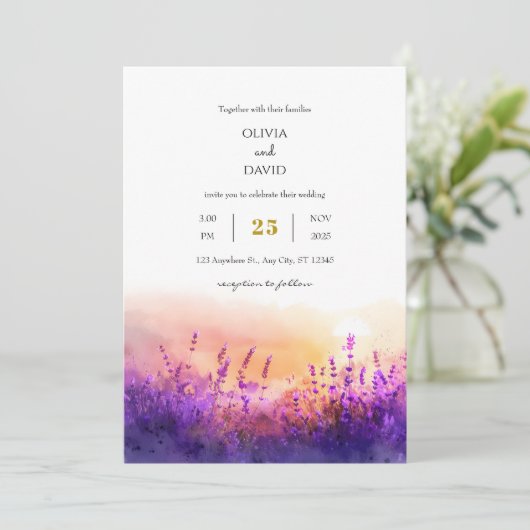 Seaside Lavender Sunrise Waterverf Beach Wedding Kaart (Staand voorkant)