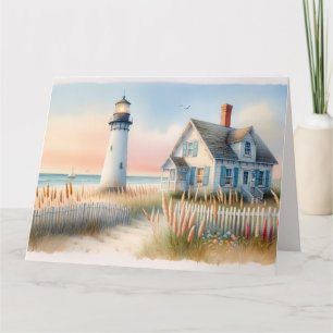 Seaside Lighthouse & Cottage Waterverf Scene Bedankkaart