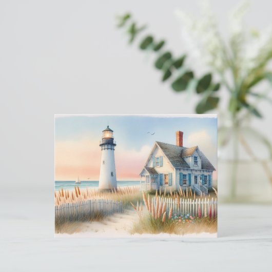 Seaside Lighthouse & Cottage Waterverf Scene Briefkaart (Staand voorkant)
