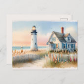 Seaside Lighthouse & Cottage Waterverf Scene Briefkaart (Voorkant / Achterkant)