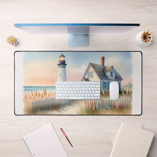 Seaside Lighthouse & Cottage Waterverf Scene Bureaumat (Kantoor 1)