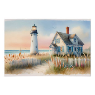 Seaside Lighthouse & Cottage Waterverf Scene Perfect Poster
