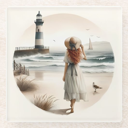 Seaside Lighthouse Stroll Glazen Onderzetter (Voorkant)