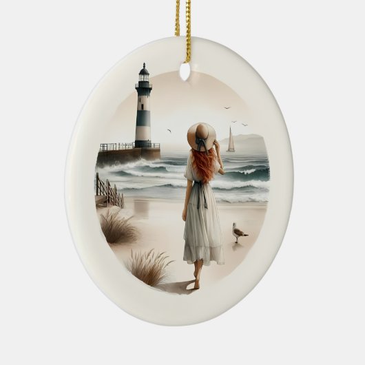 Seaside Lighthouse Stroll  Keramisch Ornament (Rechts)