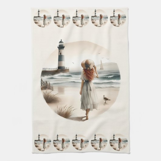 Seaside Lighthouse Stroll Theedoek (Verticaal)