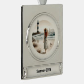 Seaside Lighthouse Stroll Verzilverd Banner Ornament (Rechts)