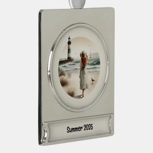 Seaside Lighthouse Stroll Verzilverd Banner Ornament (Rechts)