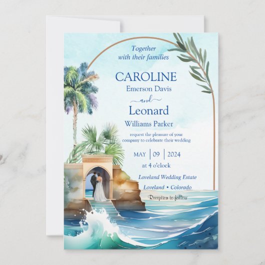Seaside Love: Tropical Beach Wedding Invitation Kaart (Voorkant)