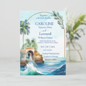 Seaside Love: Tropical Beach Wedding Invitation Kaart (Staand voorkant)