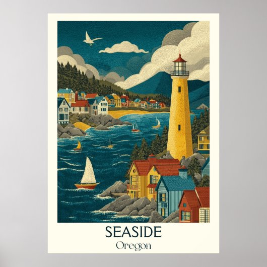 Seaside Oregon  Beach Lighthouse Travel Art Poster (Voorkant)