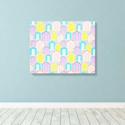 Seaside Pastel Stripe Beach Huts Canvas Afdruk (Insitu (Houten vloer))