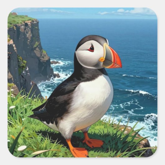 Seaside Puffin Illustration   Vierkante Sticker (Voorkant)
