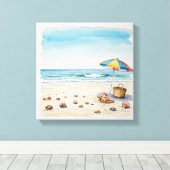 Seaside Serenity: Waterverf Beach Bliss Canvas Afdruk (Insitu (Houten vloer))